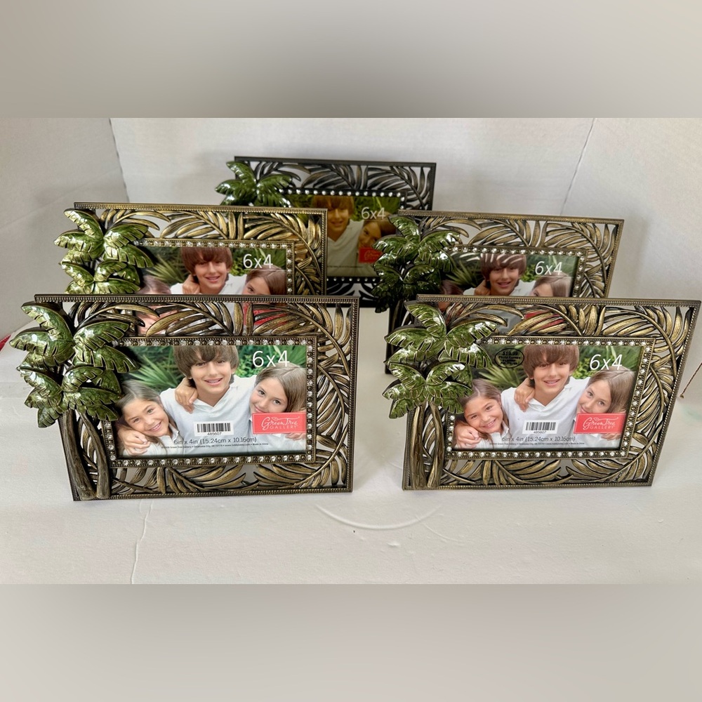Lot of (5) 6”x4” Tropical Palm Tree Design Photo Frames - Brushed Gold, Green